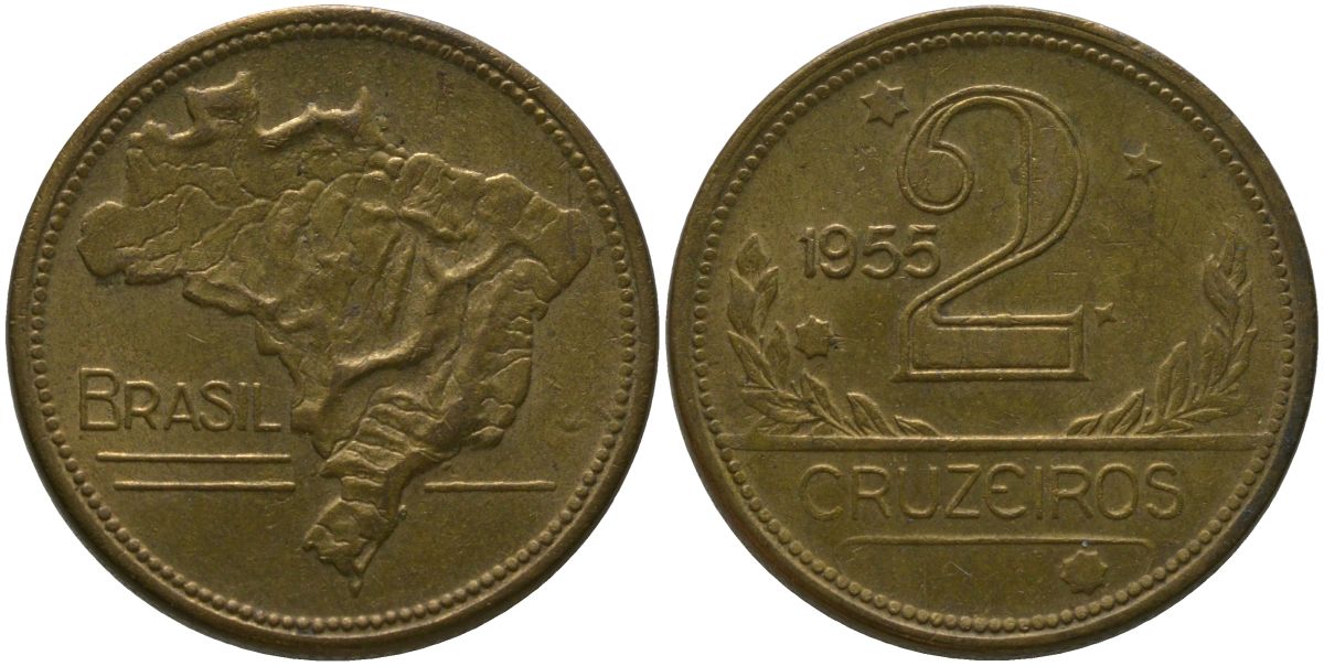 Бразилия 2 крузейро 1955 KM 559 алюминиевая бронза 4577-926