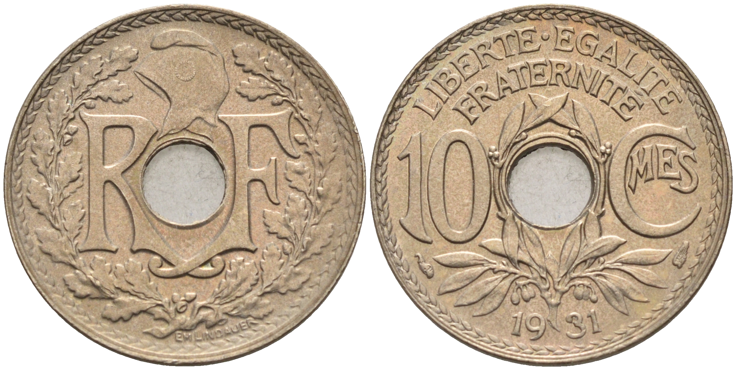 Франция 10 сантимов 1931 тип Линдайё KM 866а медно-никель 4116-455