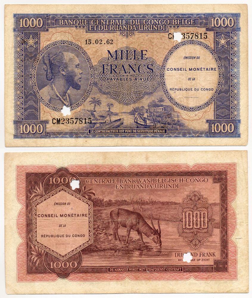Бельгийское Конго 1000 франков 1962 Руанда-Бурунди, погашенная, антилопа Pick 2a бумага 451-107-2