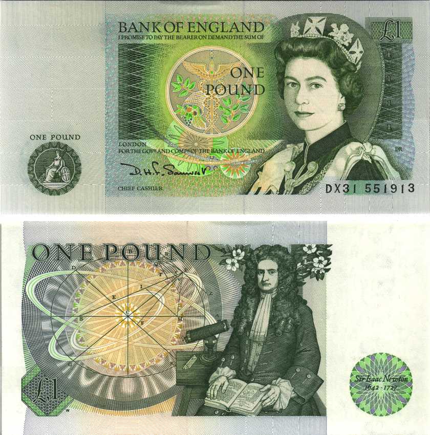 Англия 1 фунт ND (1978-1984) сэр Исаак Ньютон, черная подпись D.H.F. Somerset Pick 377 b  бумага  аUNC  7203-2-3-2
