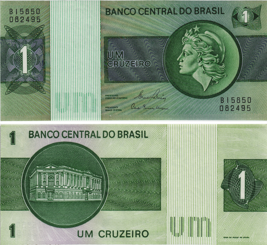 Бразилия 1 крузейро ND (1980) серия В 15ххх, подпись 20, голова свободы, здание Центрального банка Pick 191Ac бумага UNC (пресс) 8605-46-1-2