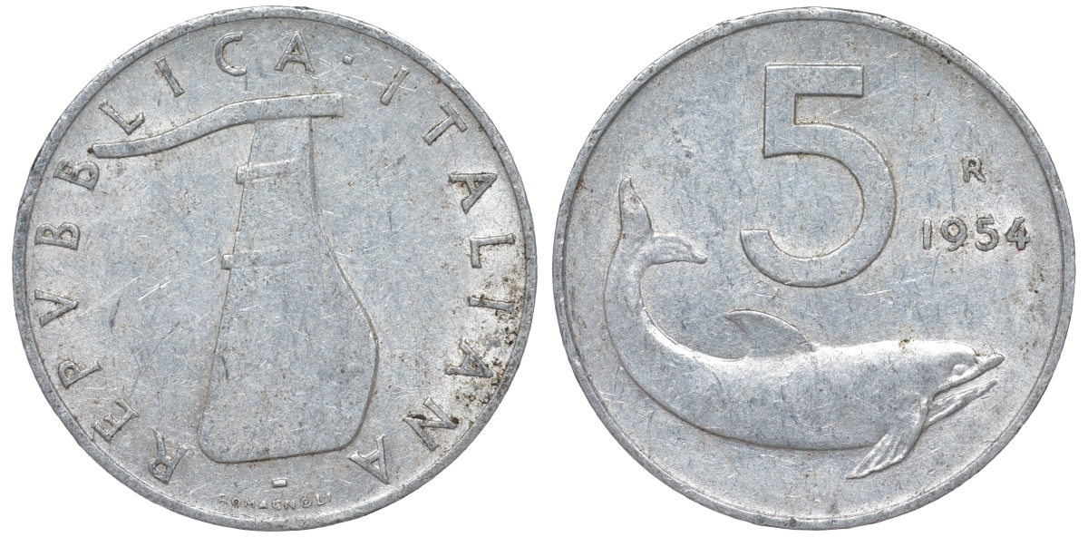 Италия 5 лир 1954 R, плуг, дельфин KM 92 алюминий 4596-427