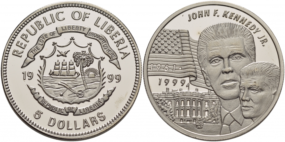 Либерия 5 долларов 1999 Джон Кеннеди (младший) KM 593 медно-никель UNC 11-145-12