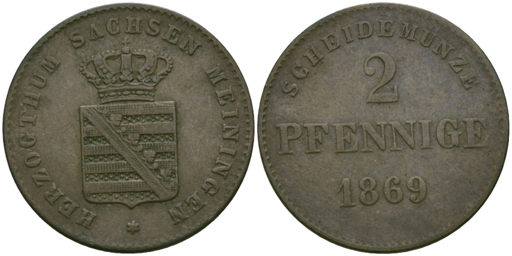 Саксен-Мейнинген 2 пфеннига 1869 Георг II (1866-1914) KM 174, Jaeger 448, AKS 215 медь 99-666