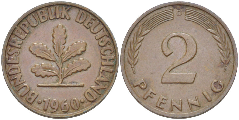 ФРГ 2 ПФЕННИГА 1960 D KM 106, J. 381 бронза 4181-725