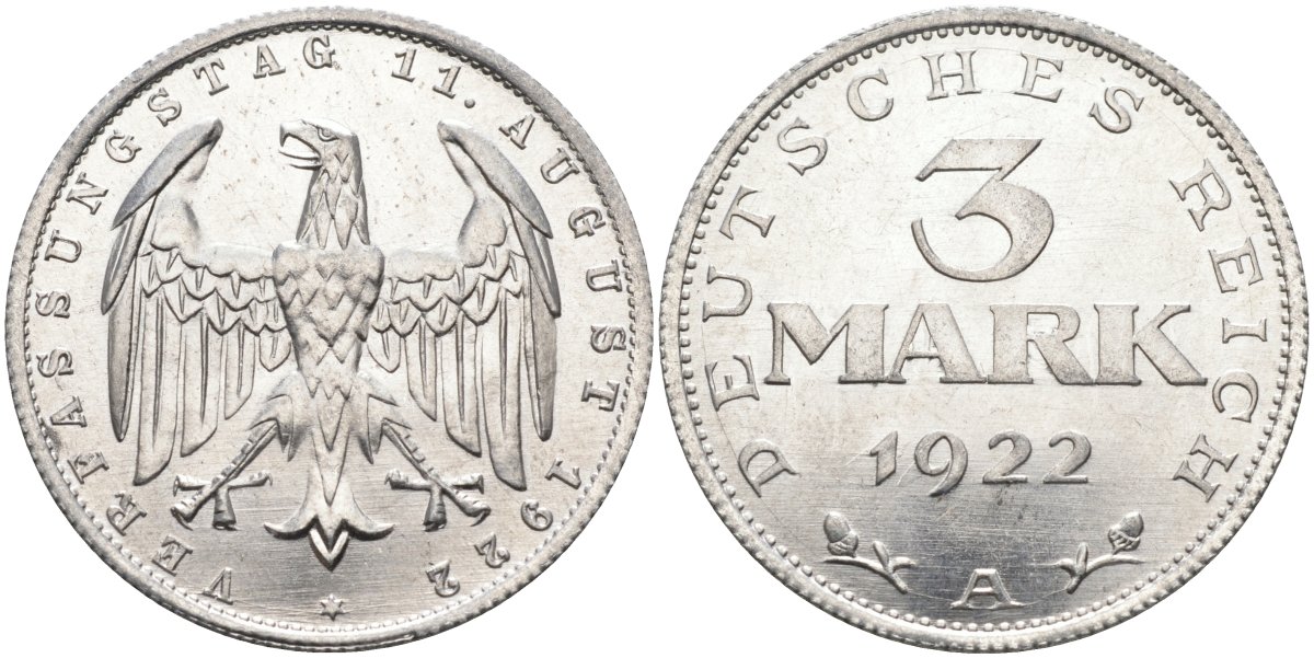 Германия 3 марки 1922 A, третья годовщина Веймарской Конституции KM 29, J.303 алюминий UNC 4587-134