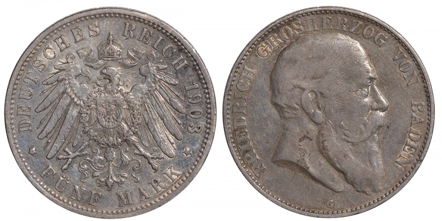 Баден 5 марок 1903 G, Фридрих I (1856-1907) Weege 31, J. 33, KM 274 серебро 00-1067-6-63