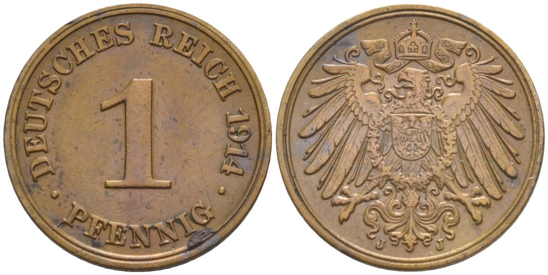 ГЕРМАНИЯ 1 ПФЕННИГ 1914 J KM 10, Jager. 10, Weege 2 медь 4528-724