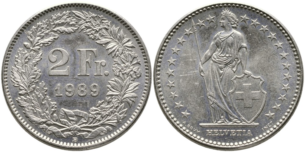 ШВЕЙЦАРИЯ 2 ФРАНКА 1989 В KM 21а.3 медно-никель 4538-234