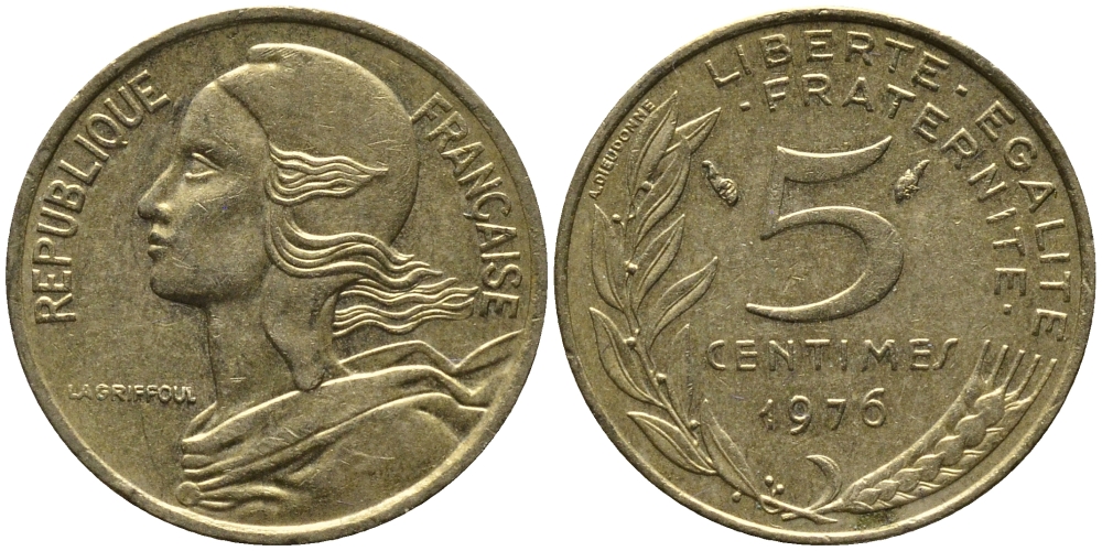 ФРАНЦИЯ 5 САНТИМОВ 1976 ТИП MARIANNE KM 933, LE FRANC 125.12 алюминиевая бронза 261-639