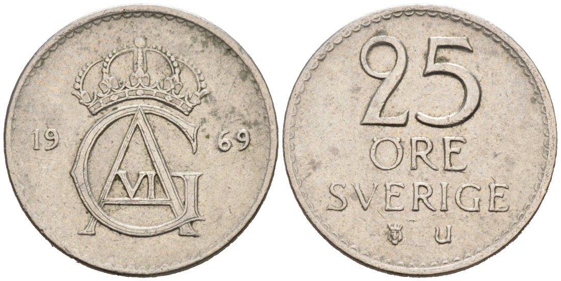 Швеция 25 эре 1969 Густав VI Адольф (1950-1973) KM 836 медно-никель 4564-756