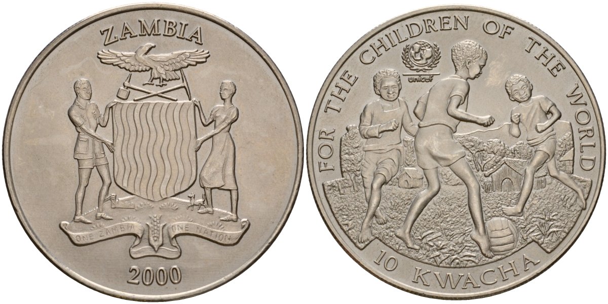 Замбия 10 квача 2000 ЮНИСЕФ, дети играют в футбол KM 119 медно-никель BU 4125-123