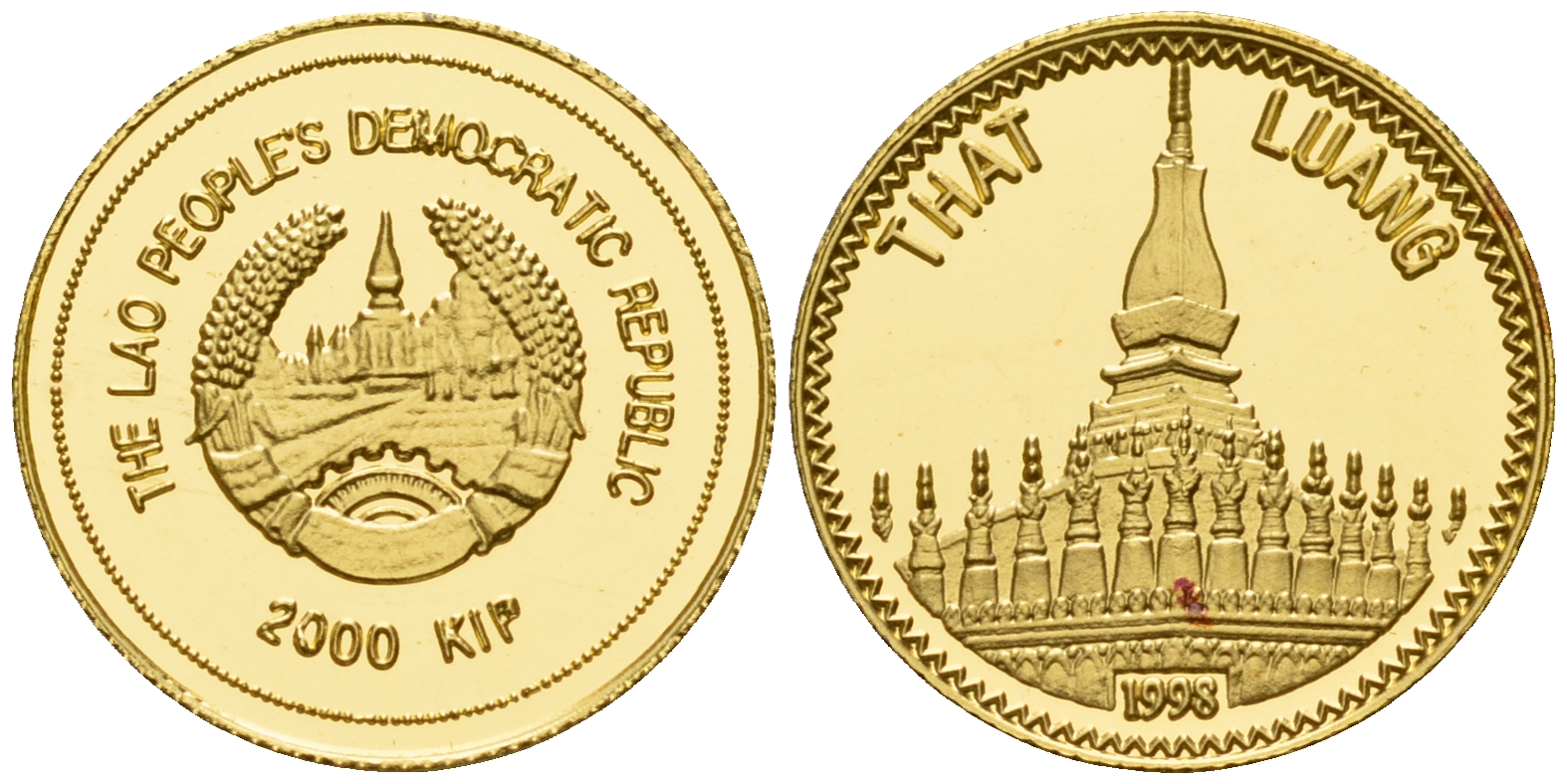 Лаос 2000 кипов 1998 Тхат-Луанг, древняя столицы Лаоса KM 68 золото PROOF 00-000