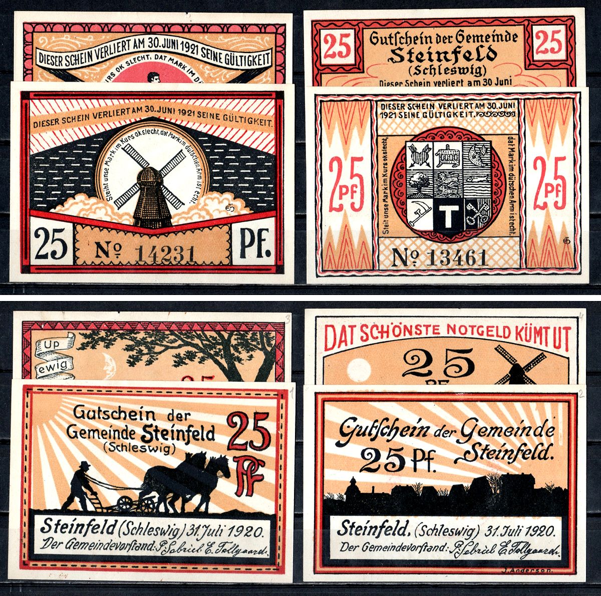 Штайнфельд в Шлезвиге (Пруссия, Шлезвиг-Гольштейн) полный набор из 4 нотгельдов (25 пфеннигов) 1920 Mehl Grabowski 1262.4 бумага UNC (пресс) 7556-57-1-2