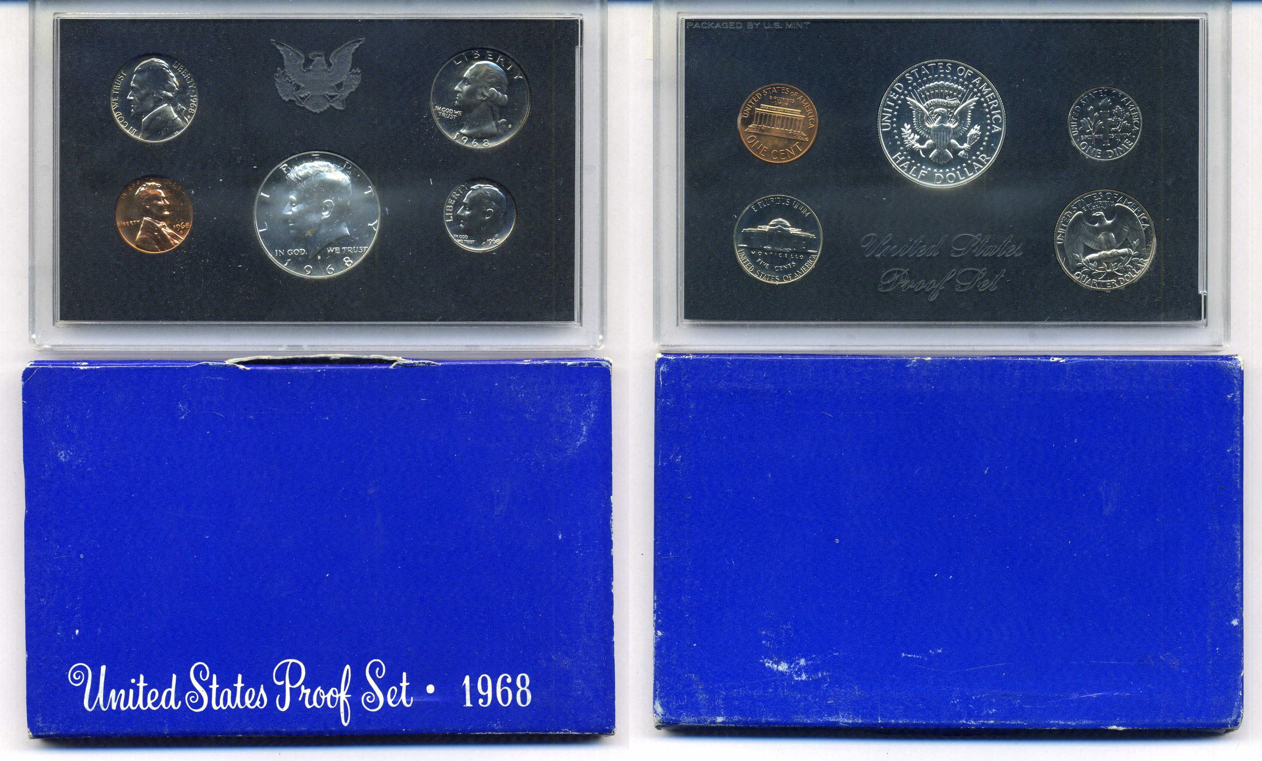 США годовой набор из 5 монет (1, 5, 10, 25 и 50 центов) 1968 в оригинальной упаковке KM PS126 (164a, 192, 195a, 199 и 201) PROOF 8-2-02-16