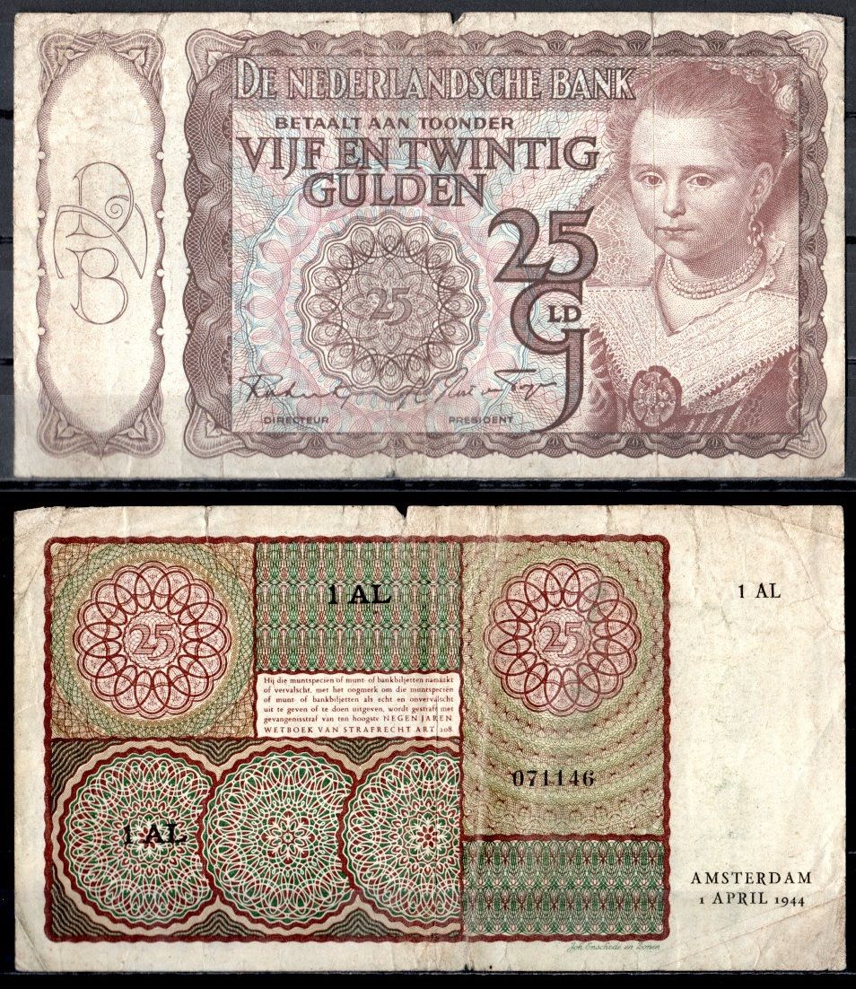 Нидерланды 25 гульденов 1944 "Молодая женщина" (Паулюс Морельс) Pick 60 бумага 7457-15-3-1