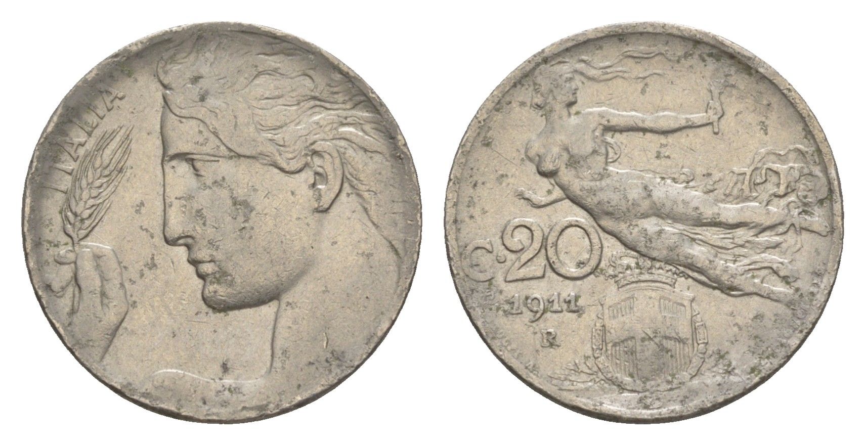 Италия 20 чентезимо 1911 R, Виктор Эммануил III (1900-1946) KM 44 никель 4547-733