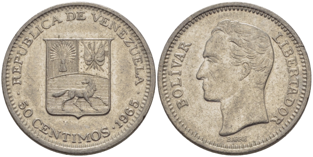 Венесуэла 50 сентимо 1965 Симон Боливар KM 41, Schon 51 никель 31-516