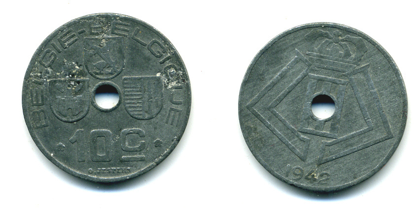 БЕЛЬГИЯ 10 САНТИМОВ 1942 BELGIE-BELGIQUE, ГЕРМАНСКАЯ ОККУПАЦИЯ, ВТОРАЯ МИРОВАЯ ВОЙНА KM 126 цинк 86-1452