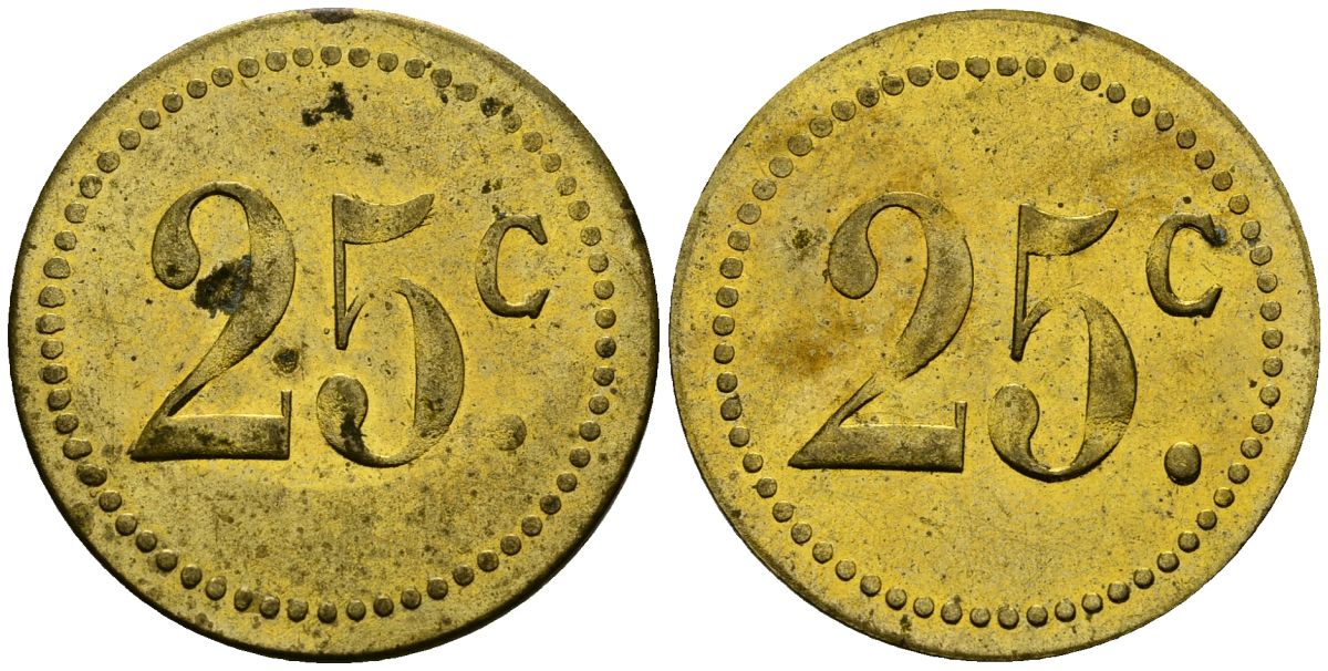 Франция 25†сантимов XIX-XX век ресторанный жетон латунь 4166-1054