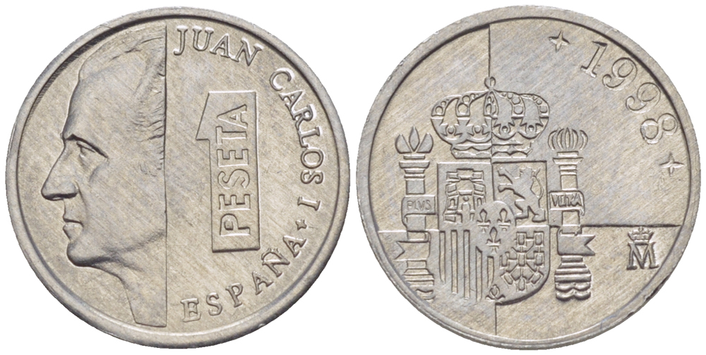 ИСПАНИЯ 1 ПЕСЕТА 1998 ХУАН КАРЛОС I ( 1975-) KM 832 алюминий 4181-1058