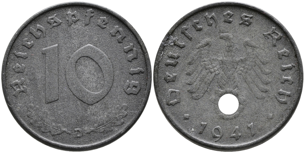 ГЕРМАНИЯ 10 РЕЙХСПФЕННИГОВ 1941 D KM 101, J.371 цинк 95-747