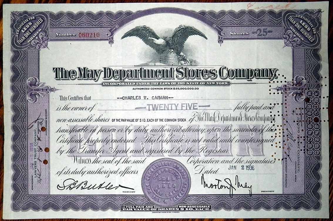 США, The May Department Stores Company 25 акций 1936 бумага 8802-77-1