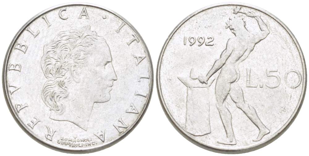 ИТАЛИЯ 50 ЛИР 1992 R, КУЗНЕЦ, ВУЛКАН БОГ ОГНЯ, ДИАМЕТР 16,5 ММ. KM 95.2 нержавеющая сталь 4528-113