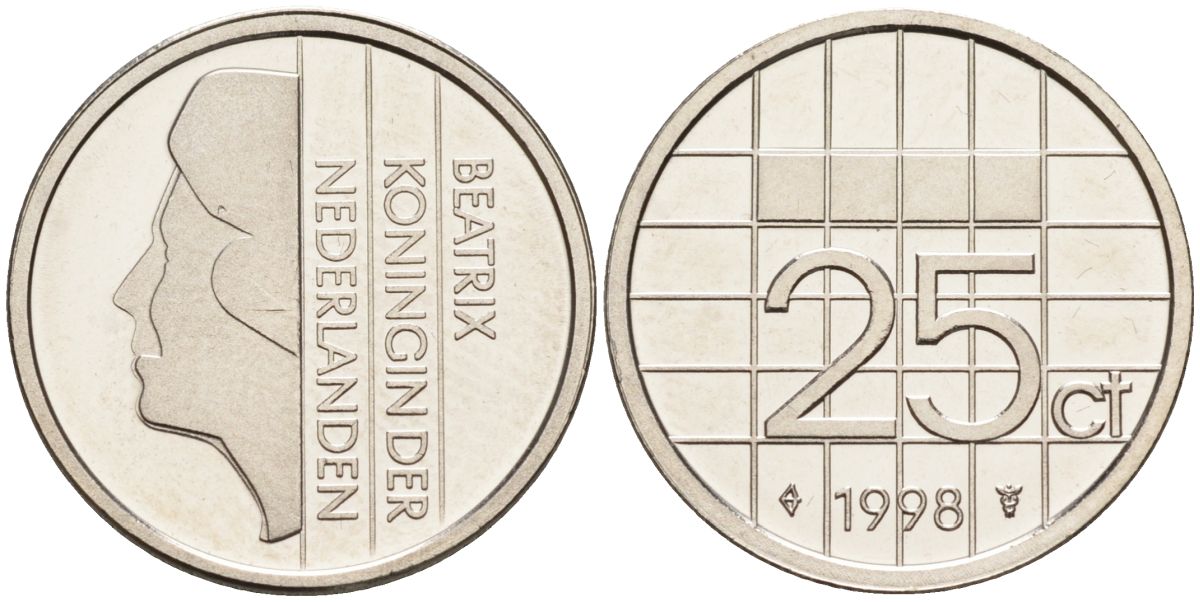 Нидерланды 25 центов 1998 Беатрикс (1980-2013) KM 204 никель UNC 4588-932
