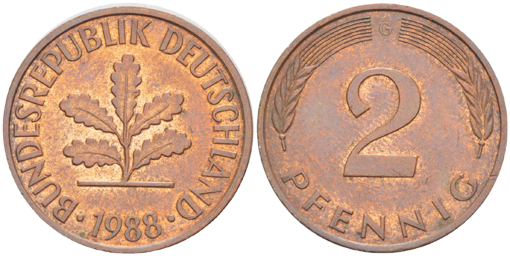 ФРГ 2 ПФЕННИГА 1988 G KM 106а, J. 381а сталь плакированная сталь плакированная медьюю 4181-852