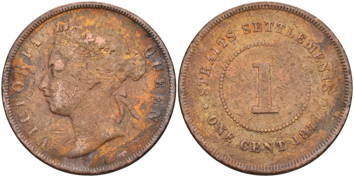 Стрейтс-Сетлментс 1 цент 1874 Виктория (1837-1901), Ост-Индская компания KM 9 медь 4590-334