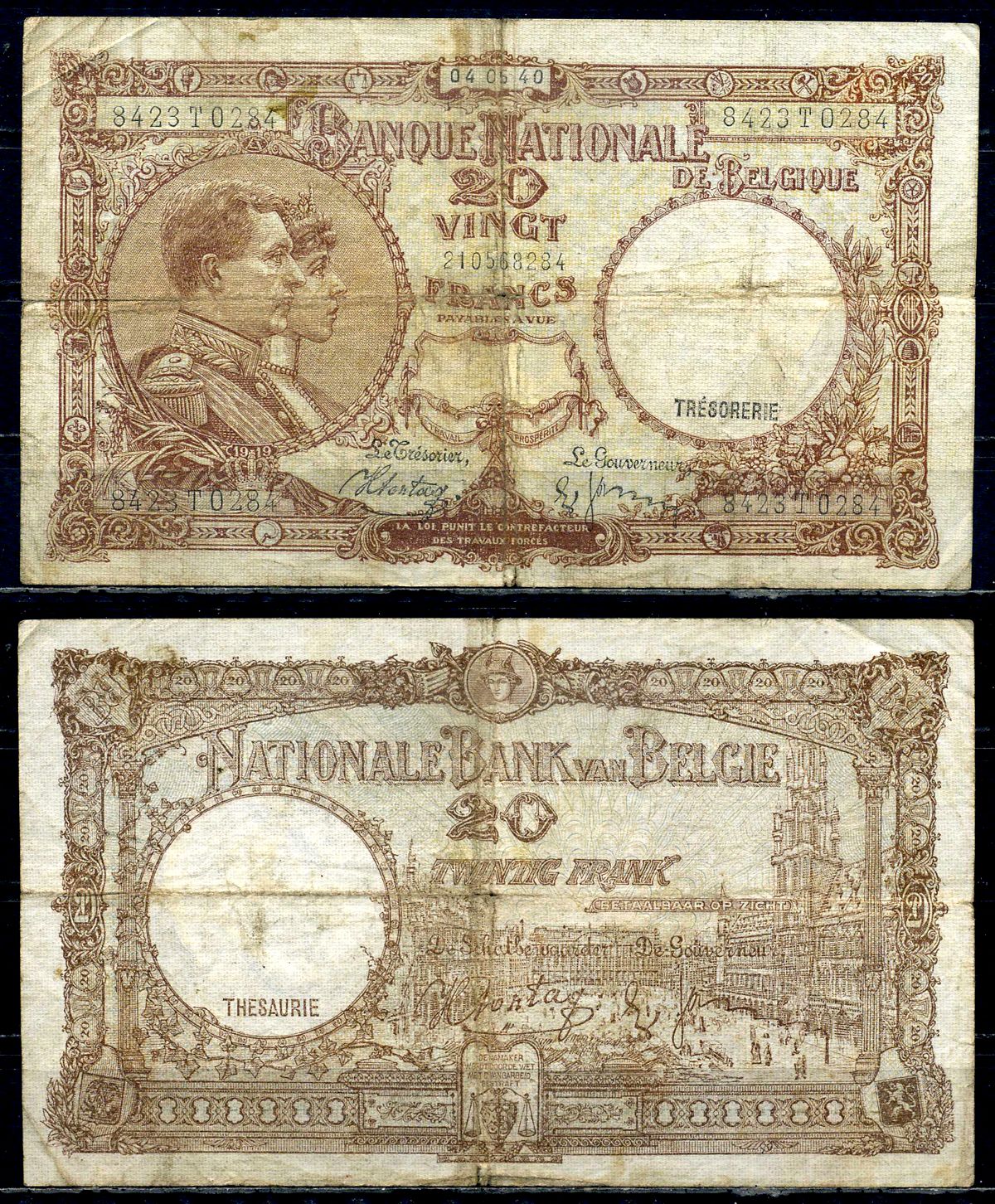 Бельгия 20 франков 1940 04.05.1940, Король Альберт I и его жена Королева Елизавета, Гран-Плас / Гроте Маркт, Брюссель Pick 111 (1) бумага 6301-28-1-1