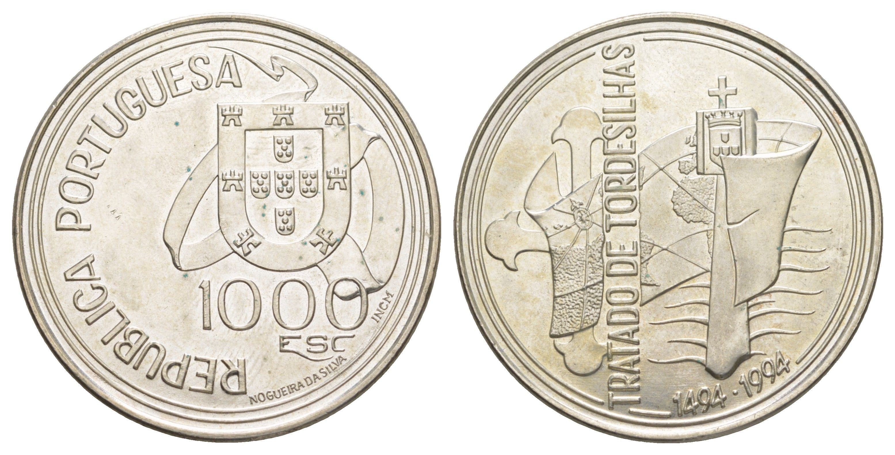 Португалия 1000 эскудо 1994 500 лет Тордесильясскому договору KM 675 серебро BU 1088-1-43