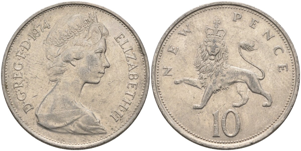 Великобритания 10 пенсов 1974 Елизавета II (1952-2022) KM 912, Spink 4231 (F1) медно-никель 4587-925