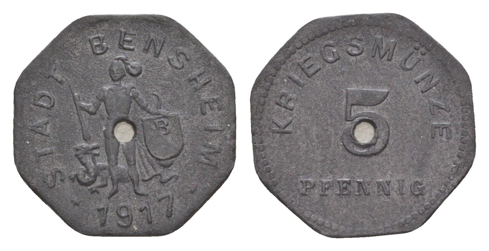 Бенсхайм 5 пфеннигов 1917 Funck 34.2A, Men05 1739.2, Men18 2245.2 цинк 4636-1111