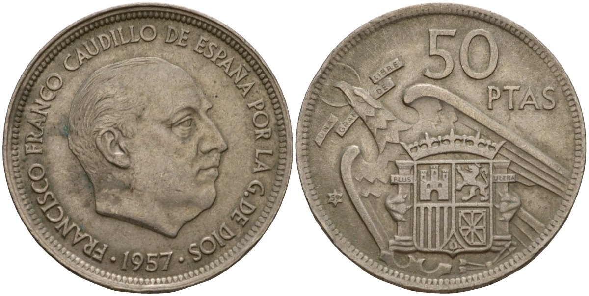 Испания 50 песет 1957 (59) Франсиско Франко (1939-1975) KM 788 медно-никель 4599-114