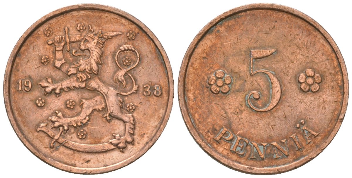 Финляндия 5 пенни 1938 KM 22 медь 4174-728