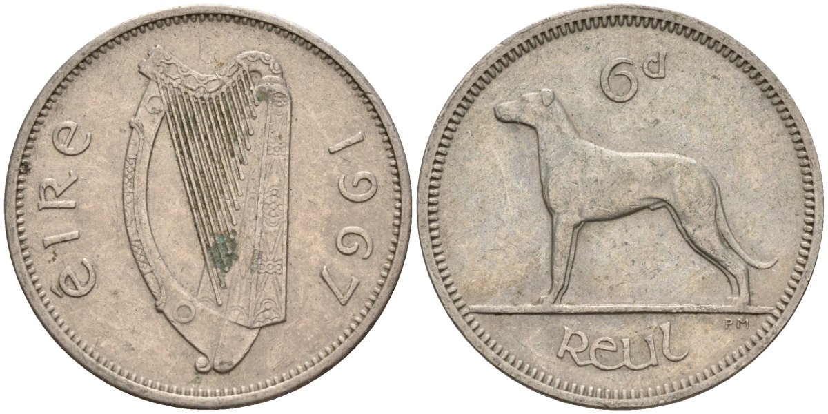 Ирландия 6 пенсов 1967 ирландский волкодав KM 13a медно-никель 4146-456