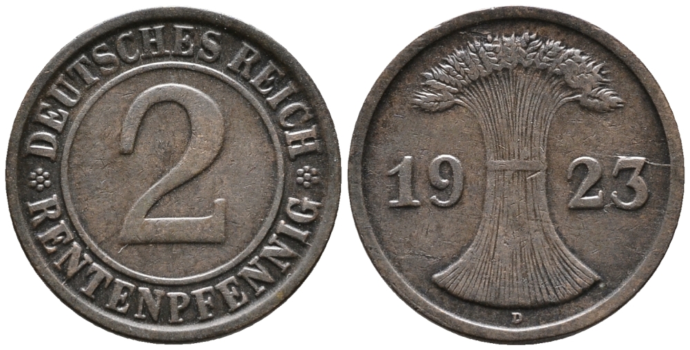 ГЕРМАНИЯ 2 РЕНТЕНПФЕННИГА 1923 D KM 31, J. 307 бронза 24-444