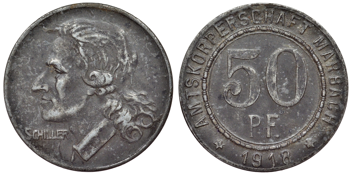 Марбах 50 пфеннигов 1921 Фридрих Шиллер Funck 316.3, Men05 16251.3, Men18 20385.3 цинк     4121-337