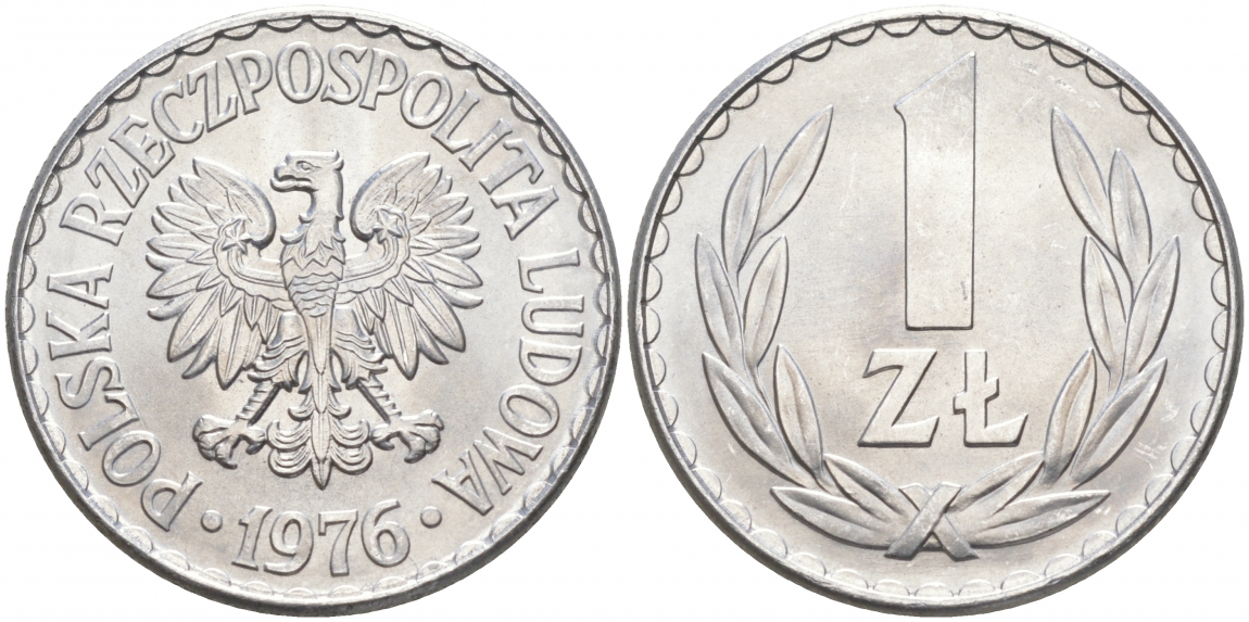 ПОЛЬША 1 ЗЛОТЫЙ 1976 КРЕМНИЦА KM 49.1 алюминий UNC 68-425