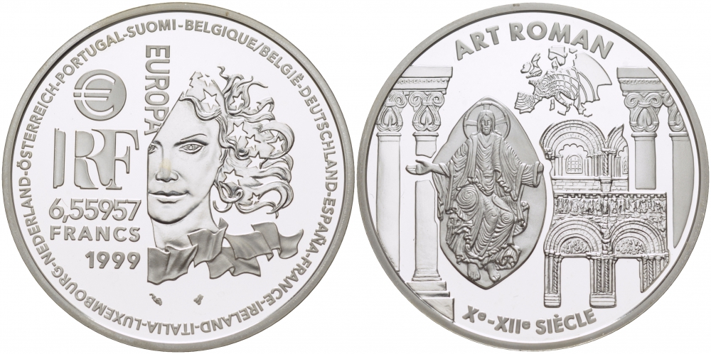Франция 1 евро = 6,55957 франков 2000 романский стиль в архитектуре Средневековья (X-XII века) KM 1245 серебро PROOF 11-177-13