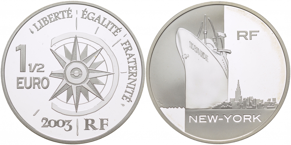 Франция 1 1/2 евро 2004 СЕРИЯ ТРАНСПОРТ, ОКЕАНСКИЙ ЛАЙНЕР НОРМАНДИЯ, КОРАБЛЬ, НЬЮ-ЙОРК KM 1378 серебро PROOF 04-313-41