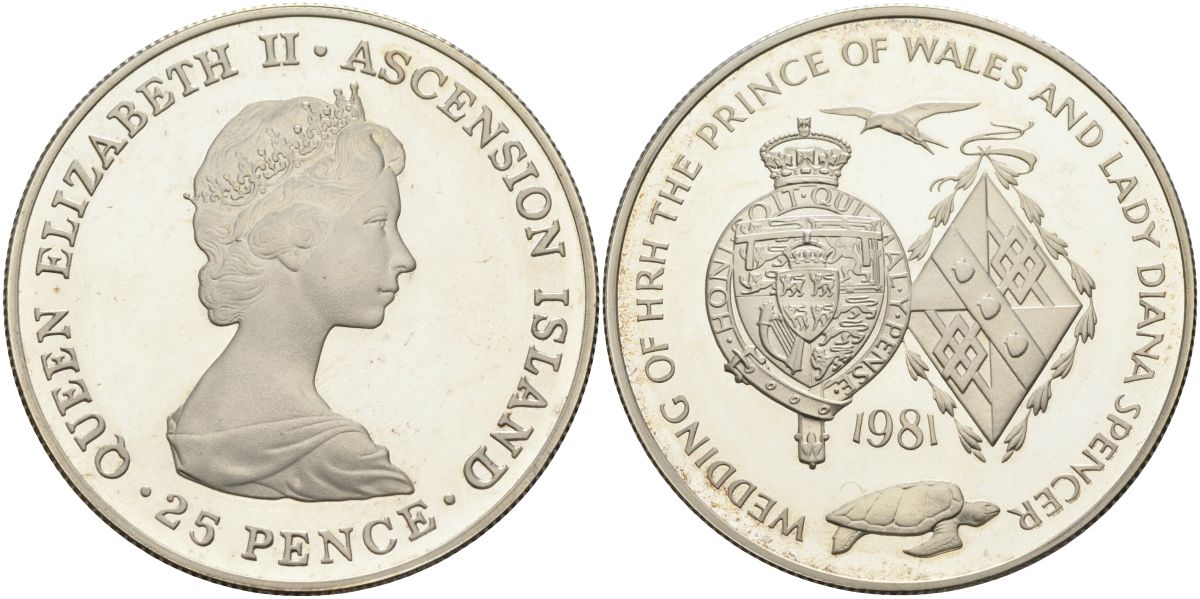 Остров Вознесения 25 пенсов 1981 королевская свадьба принца Чарльза и леди Дианы Спенсер KM 3а серебро PROOF 00-000