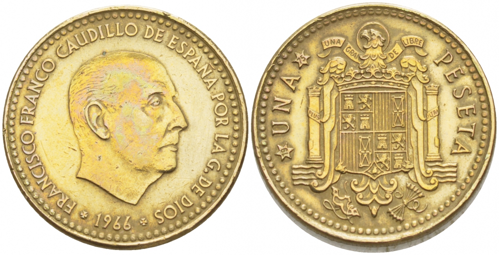 Испания 1 песета 1966 (75) Франциско Франко (1939-1975) КМ 796 алюминиевая бронза 87-1457