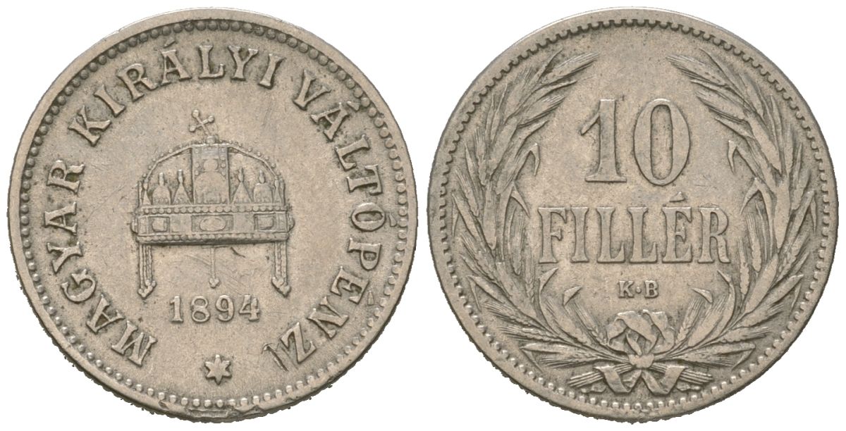 Венгрия 10 филлеров 1894 KB, Франц Иосиф I (1848-1916) KM 482 никель 4615-451