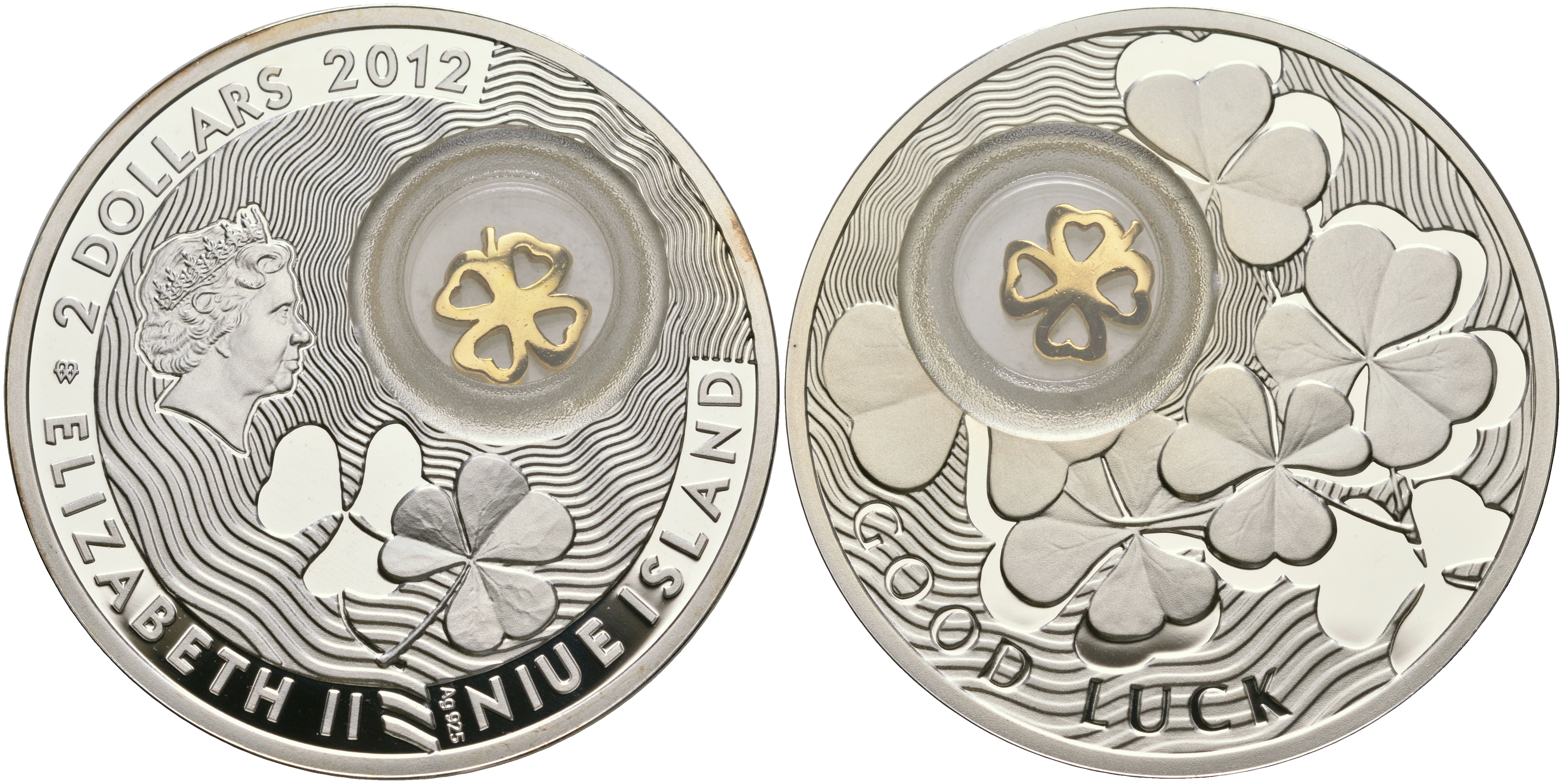Ниуэ 2 доллара 2012 четырехлистный клевер, монета на счастье, в оригинальной упаковке KM 931 серебро PROOF 3-4-6-21
