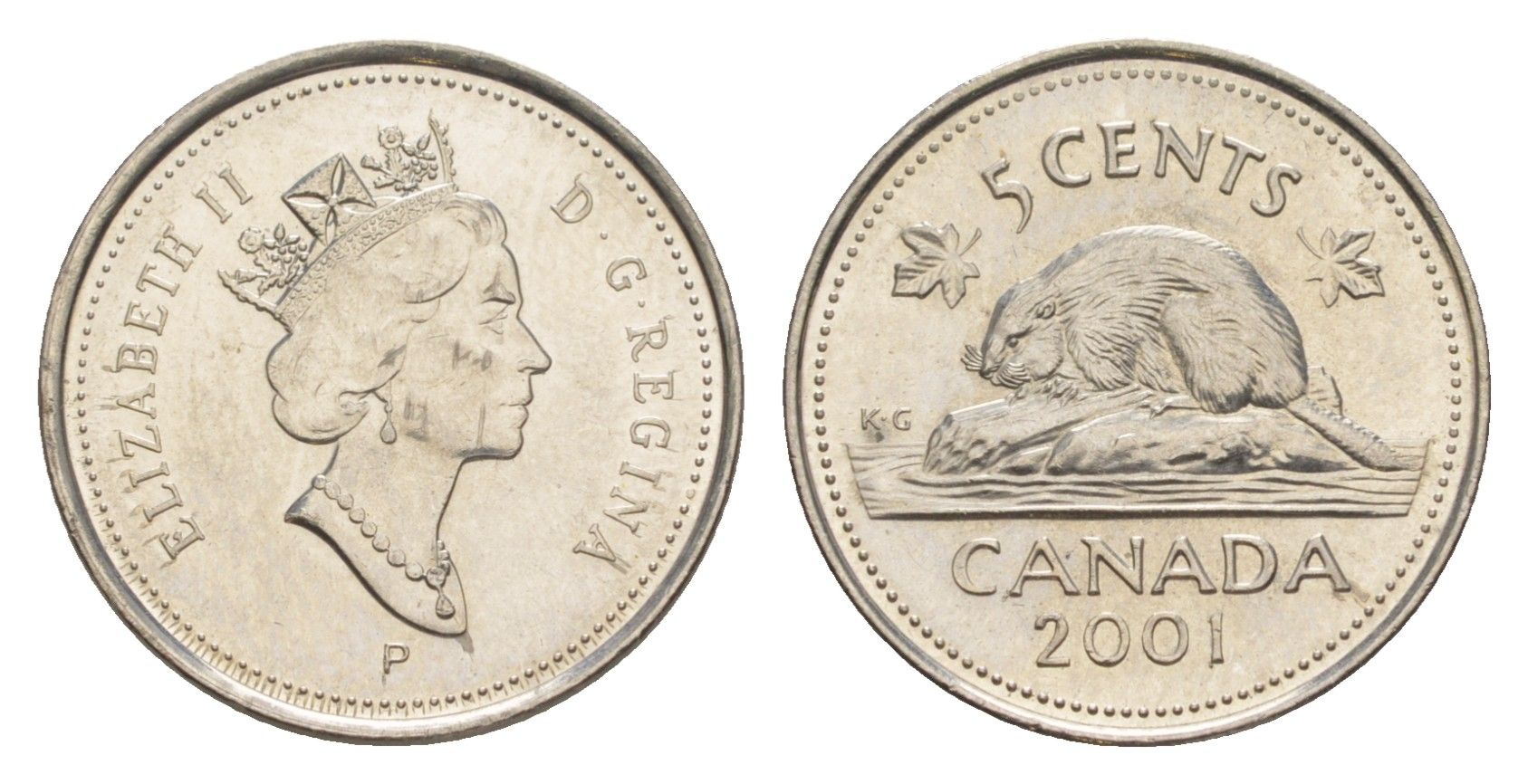 Канада 5 центов 2001 P, Елизавета II (1952-2022), бобр KM 182b сталь плакированная никелем UNC 4639-529