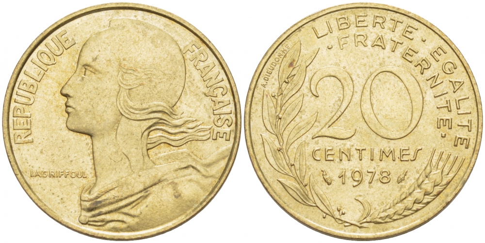 ФРАНЦИЯ 20 САНТИМОВ 1978 KM 930 медь алюминий никель 77-912