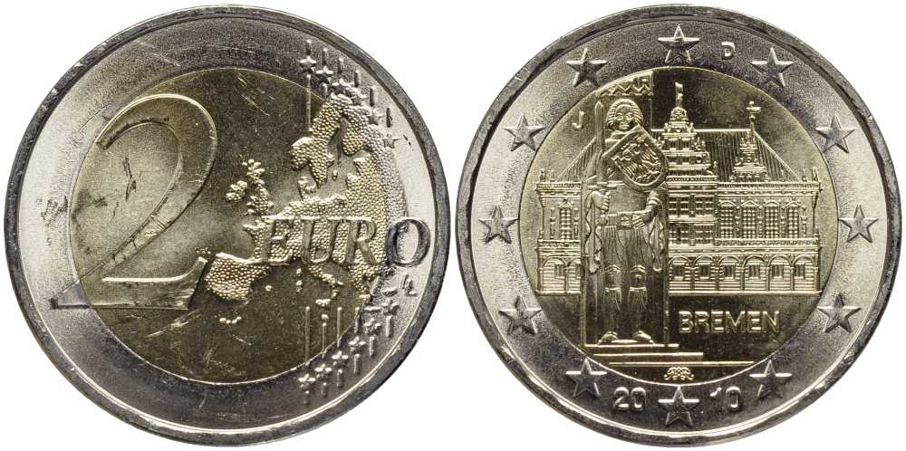 ФРГ 2 евро 2010 J, Бремен, городская ратуша и Роланд, серия Федеральные земли Германии KM 285 биметалл UNC 115-1221